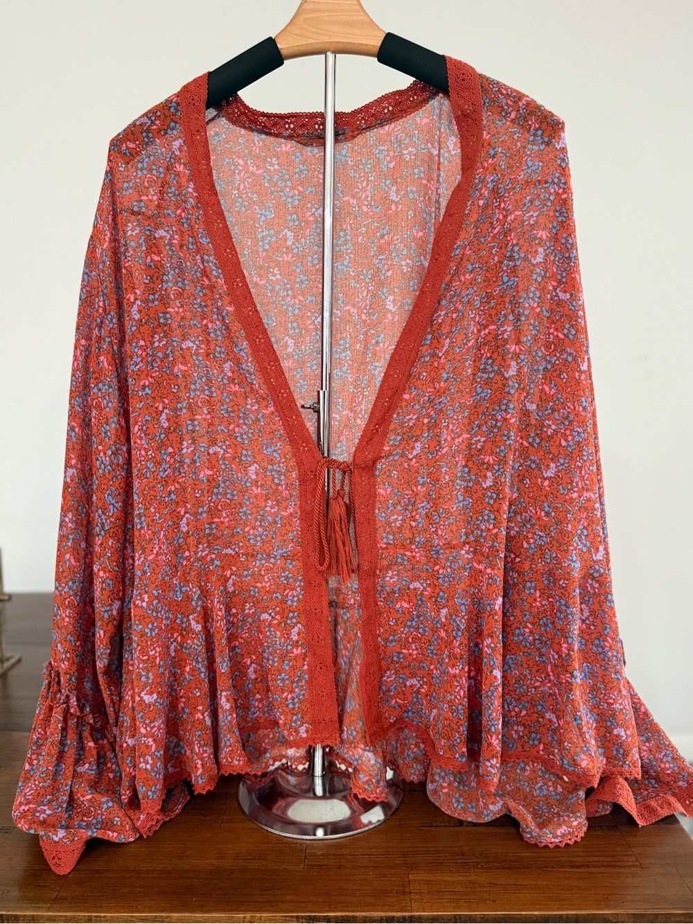 Free People Lola Kimono Floral Bell Sleeve Tassel Tie Cardigan Large - Picture 4 of 7